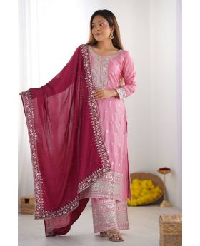 Baby Pink Chinnon Silk Kurta Plazo Dupatta Suit Set