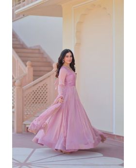 Baby Pink Fendy Chiffon gown with Sequins Work