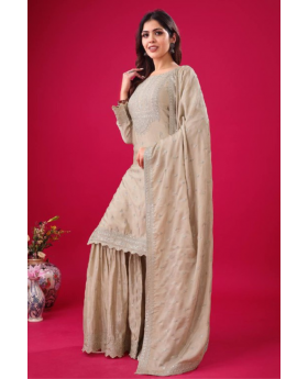 Embroidered Beige Heavy Chinon Silk Sharara Dupatta Set