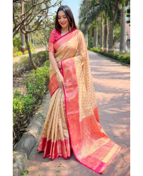 Beige Kanchipuram Pattu Traditional Zari Woven Saree