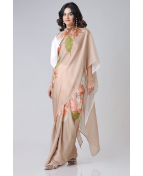 Digital Printing of a Beige Satin Creap Silk Saree