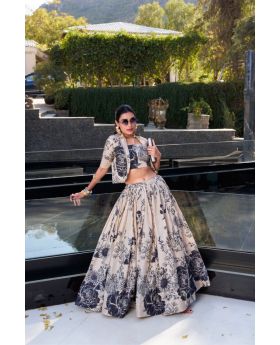 Beige Tussar Silk Lehenga Set with Floral Print Blouse And  Koti Jacket