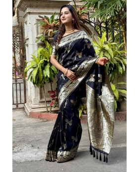 Silver zari on black Banarasi soft silk sarees