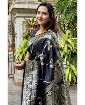 Silver zari on black Banarasi soft silk sarees