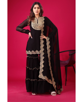 Faux Black Blooming Three-piece Georgette Sharara Suit Set with Kurta Dupatta