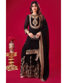 Faux Black Blooming Sharara Dupatta Set in Georgette