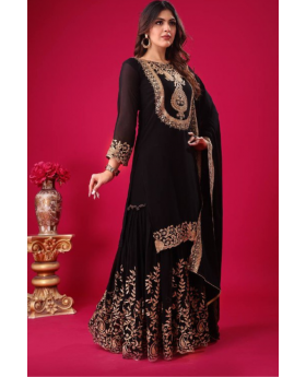 Faux Black Blooming Sharara Dupatta Set in Georgette
