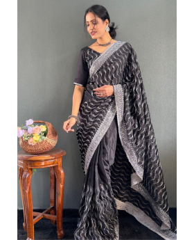 Zari Sequence Work Embroidered Black Chinnon Silk Saree