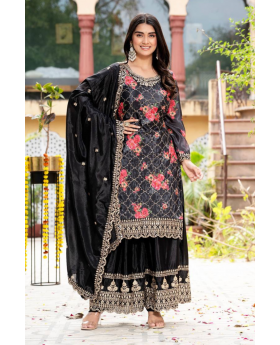 Embroidered Black Chinon Kurta Dupatta Pant Sharara Suit Set