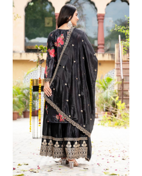 Teal Chinon 3 Piece Sharara Suit Set Embroidered Lace Border