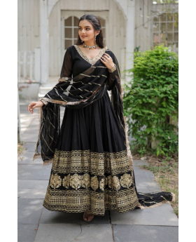 Faux Blooming Anarkali Gown in Black with Embroidered Dupatta 