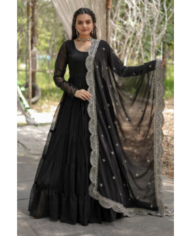 Full-flared, faux-flowering black gown with dupatta