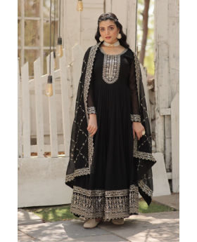 Black Fake Blooming Gown with Embroidered Dupatta