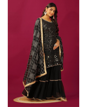 Three-piece embroidered kurta dupatta suit set in black faux georgette