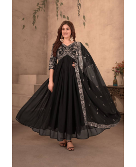 Black Faux Georgette Dress with Embroidered Dupatta