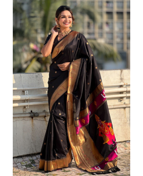 Floral designs woven into black soft silk sarees