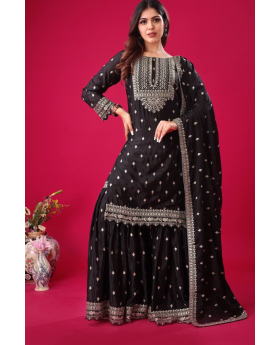 Three Pieces of Black Heavy Chinon Silk Sharara Suit Set with Kurta Dupatta