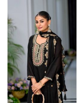 Black Heavy Chinon Silk Sharara Dupatta Suit Set Embroidered