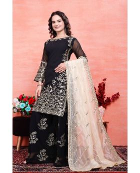 Black Heavy Faux Georgette Sharara Dupatta Suit Set Embroidered