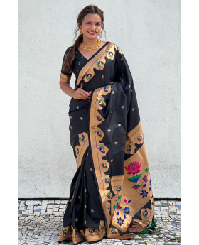 Paithani sarees in black with zari patterns throughout