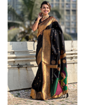 Floral-patterned black Paithani soft silk sarees
