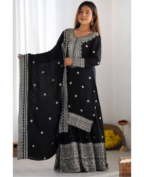 Kurta Dupatta Sharara Set in Black Pure Heavy Chinnon Silk.