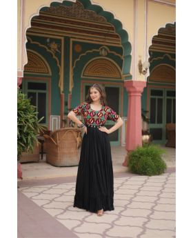 Black Rayon Navratri Full Flair Gown Gamthi Work