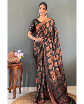 Patchwork Banarasi Saree in Black Soft Moss Silk