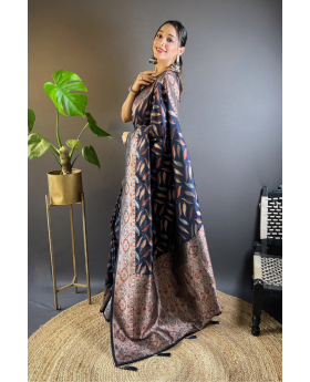 Sarees made of soft black silk with distinctive triple Zari paan weaves