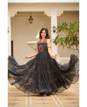 Black Bandhani Georgette Gown with Real Mirror & Gamathi Work