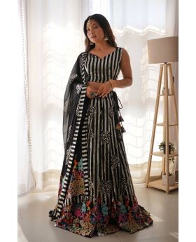 Black Faux Georgette Lehenga Choli Dupatta Set Embroidery