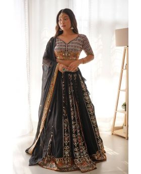 Black Faux Georgette Lehenga Choli Dupatta Set with Thread & Sequin Embroidery