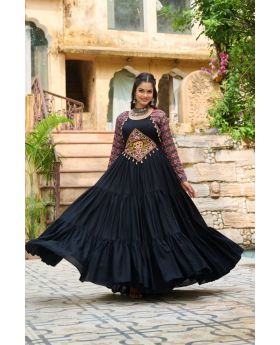 Black Navratri Gown in Rayon with Kutchi Gamthi & Cotton Print Embroidery