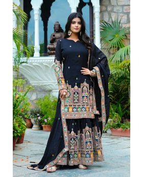 Black Pure Chinnon Silk Kurta Plazzo Dupatta Set with Heavy Embroidered