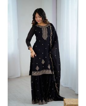 Black Pure Crunchy Silk Sharara Kurta Dupatta Set Emboridered