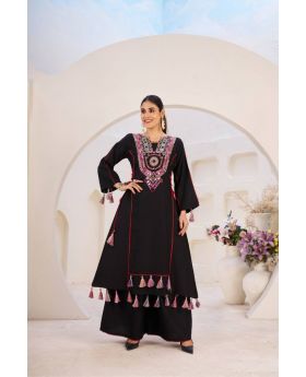 Black Rayon Kurti Plazo Cord-Set with Thread & Raal Mirror Work