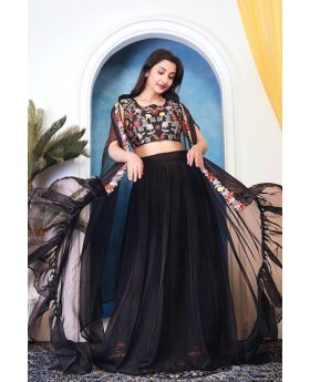 Black Tebby Silk Lehenga Set with Sequined Cape Dupatta & Blouse