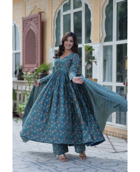 Anarkali gown made of blue pure cotton with a printed dupatta