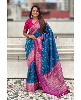 Blue Pure Patola Premium Silk Saree Zari Woven Work.