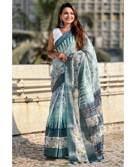 Floral-patterned soft Chanderi crush saree in blue  