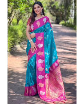 Paithani saree in blue soft silk with rose gold accents