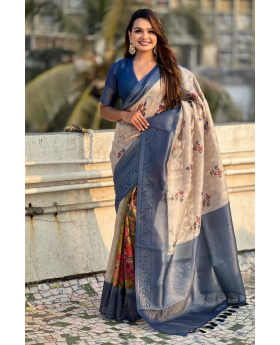 Blue soft silk saree with floral and butta meenakari designs