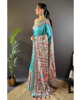 Sarees made of blue Tussar silk with Madhubani designs