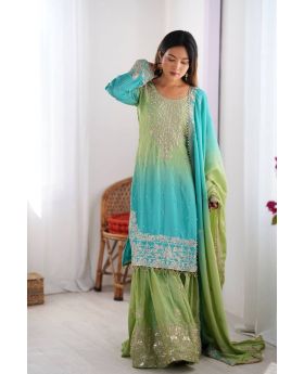 Blue And Green Chinon Silk Sharara Kurta Set with Rivet Moti