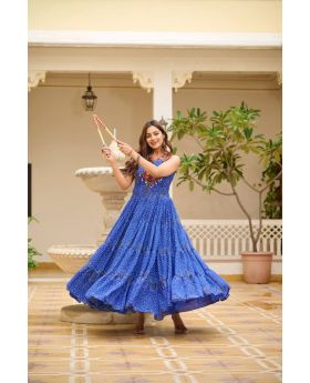 Blue Bandhani Georgette Gown with Real Mirror & Gamathi Work