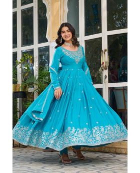 Blue Elegant American Silk Anarkali Gown Set with Dupatta & Pant 