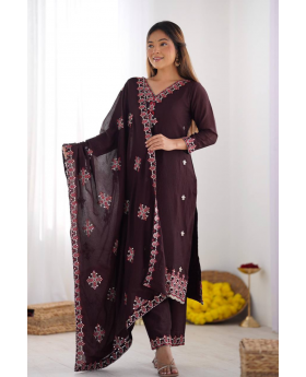Set of Brown Heavy Kurta Dupatta Pants Made of Pure Chinnon Silk