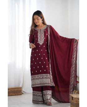 Brown Chinnon Silk Kurta Plazo Dupatta Suit Set
