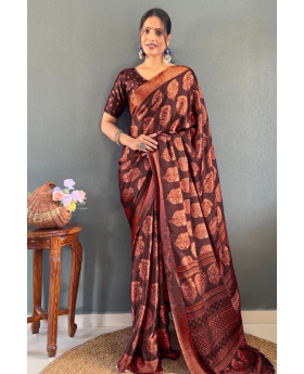 Patchwork Banarasi Saree in Brown Soft Moss Silk