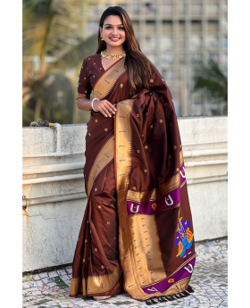 Floral designs woven into brown soft silk sarees